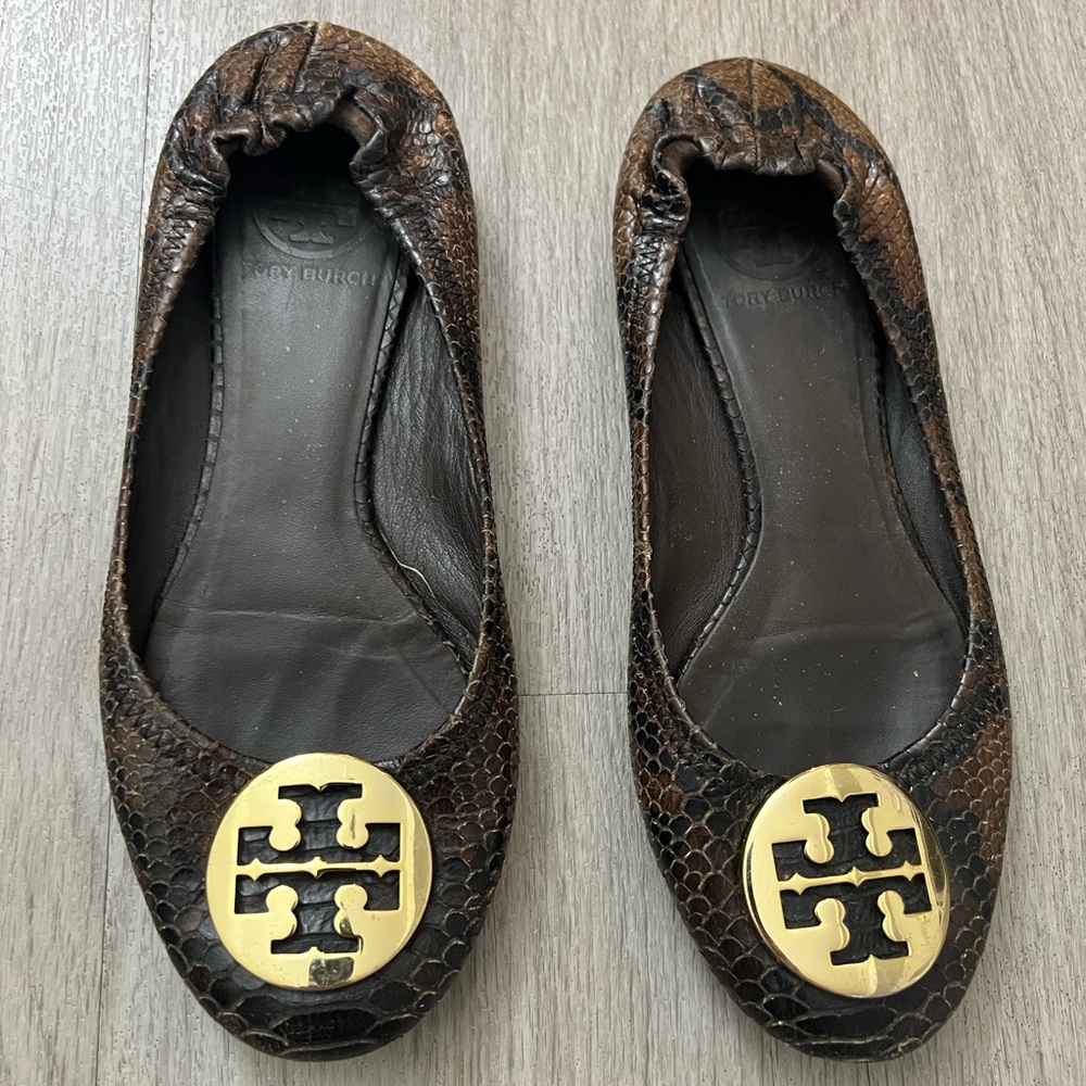 Tory Burch Snakeskin Pattern Flats with Gold Emblem